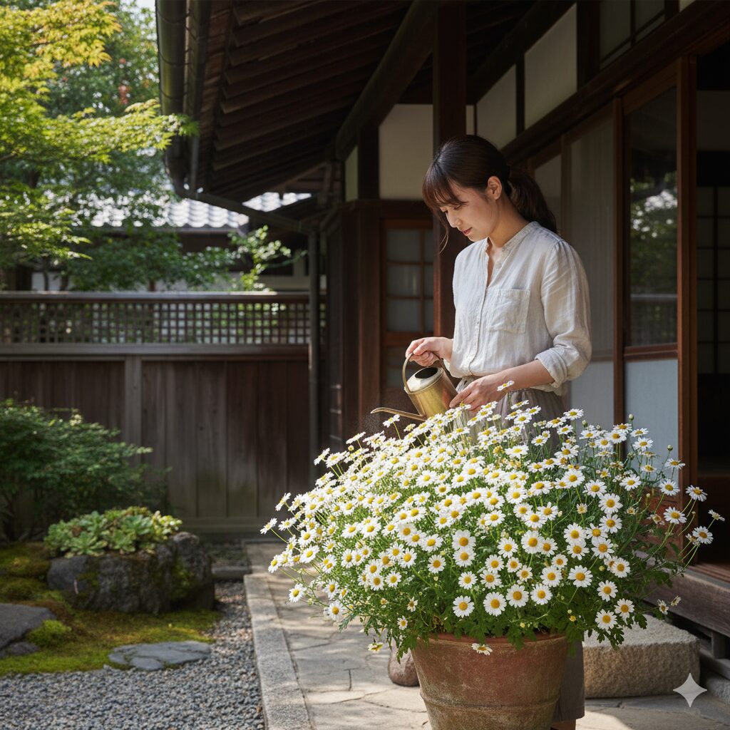 ノースポールの鉢を軒下など風通しが良く日当たりの良い場所に置く環境管理の例