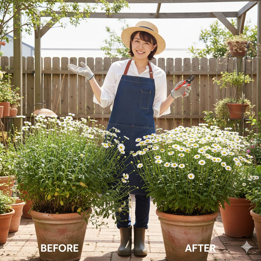 伸びすぎたノースポールの株と、剪定（切り戻し）を行った後のすっきりした株を対比させたBefore/Afterのイラスト