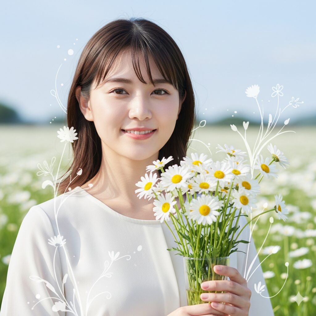 ノースポールの花と「誠実」「清潔」「高潔」などのポジティブな花言葉がデザインされたインフォグラフィック。