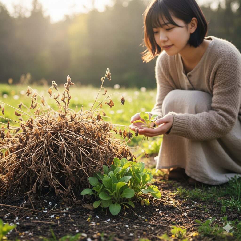 ノースポールの「輪廻転生」の由来を示すイラスト。枯れた親株と、そこからこぼれ種で再生した新しい芽。