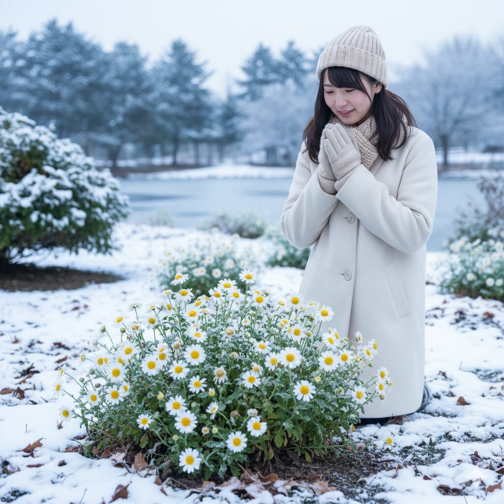 霜が降りた冬の庭で、寒さに負けずに咲き誇るノースポールの花壇。強靭な生命力を示す。