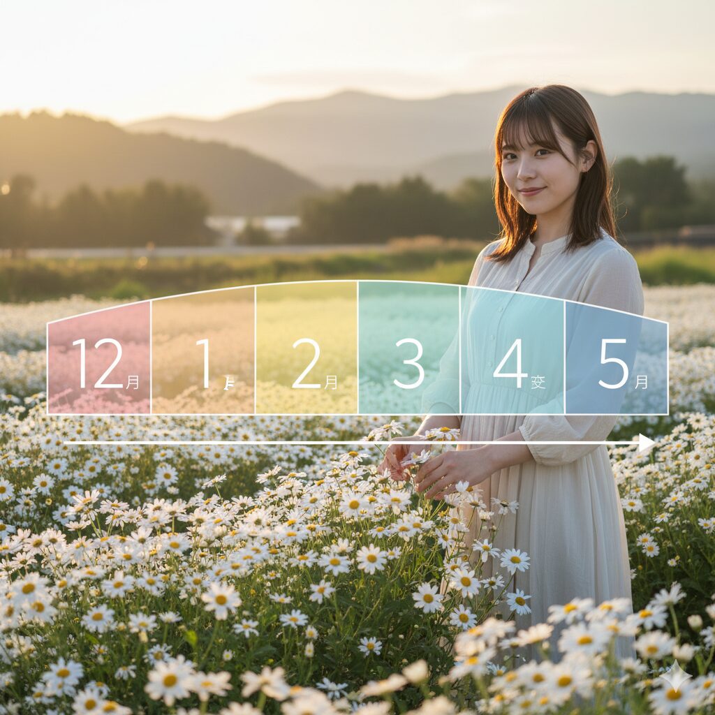 ノースポールの長い開花期間（12月から5月）を示すカレンダーまたはタイムラインのグラフィック。花言葉「冬の足音」を象徴。