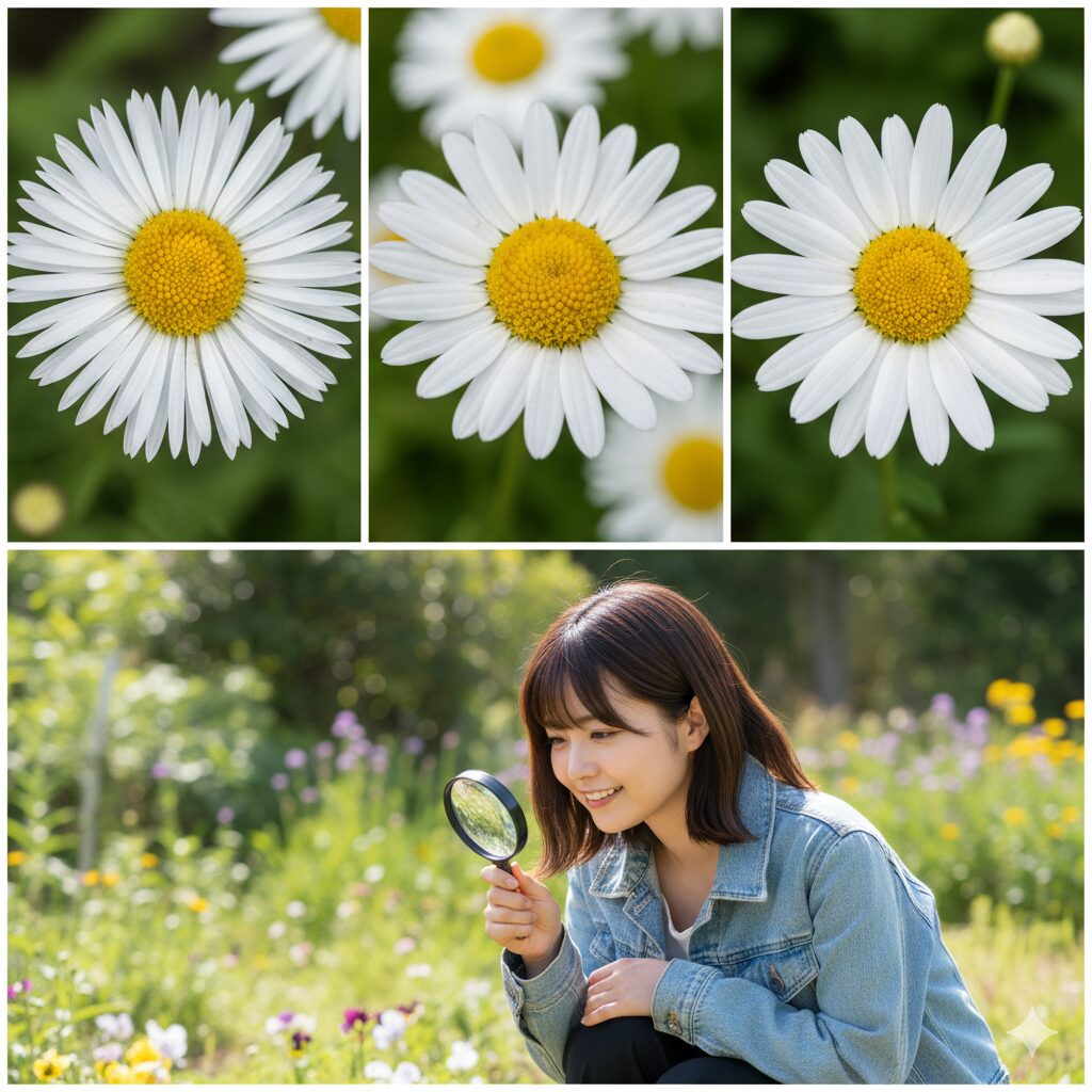 ノースポール、白いデイジー、マーガレットの3種類のキク科の花を並べた比較写真。類似点と違いがわかる。