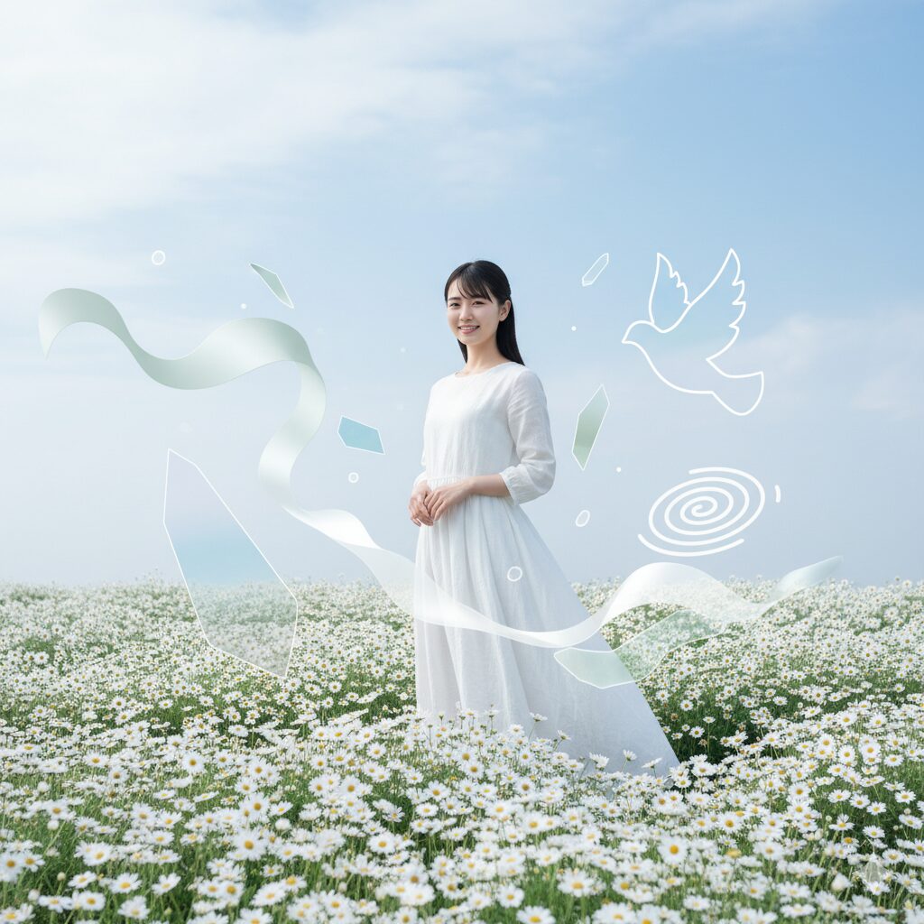 ノースポールの白い花と、「清潔」「純粋」を意味するポジティブなシンボルが描かれたデザインイメージ。