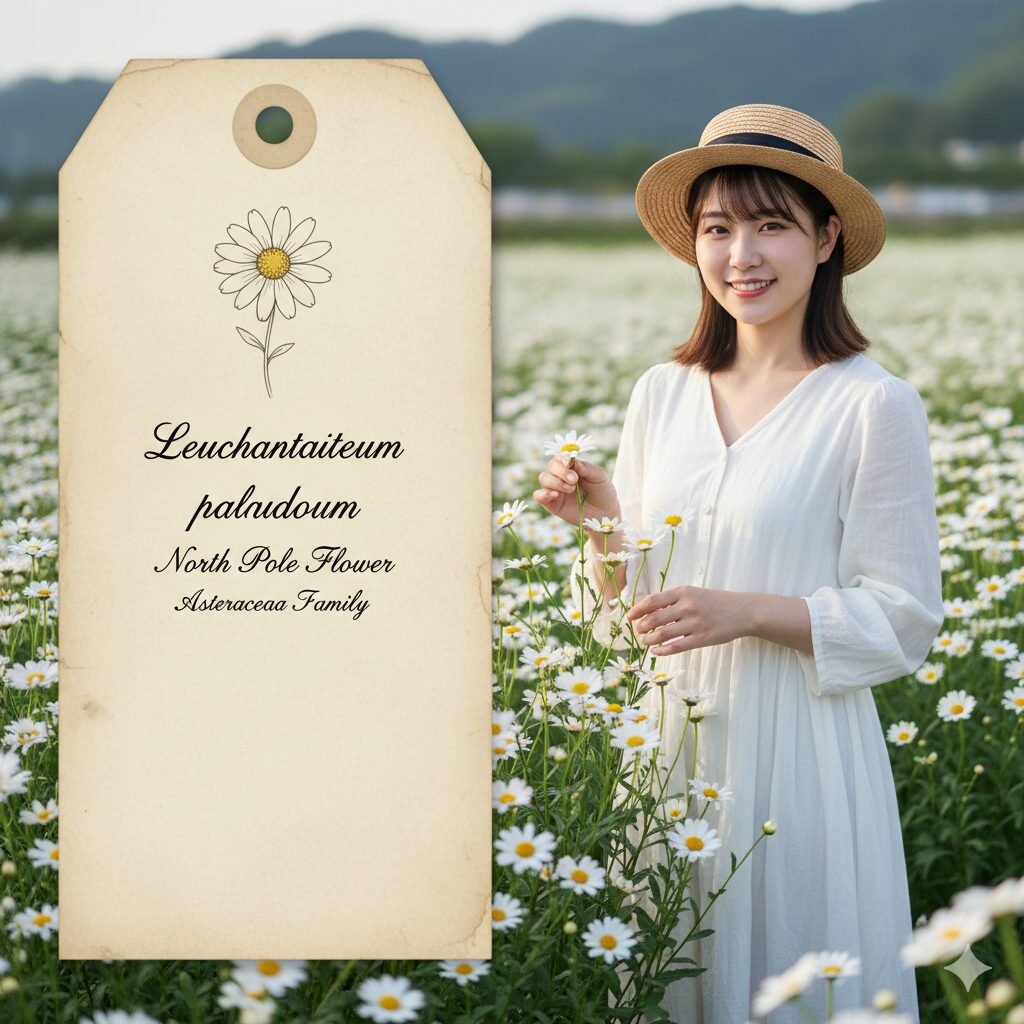 ノースポールの花と、学名 Leucanthemum paludosum が記載された植物学的ラベル。情報の権威性を補強。