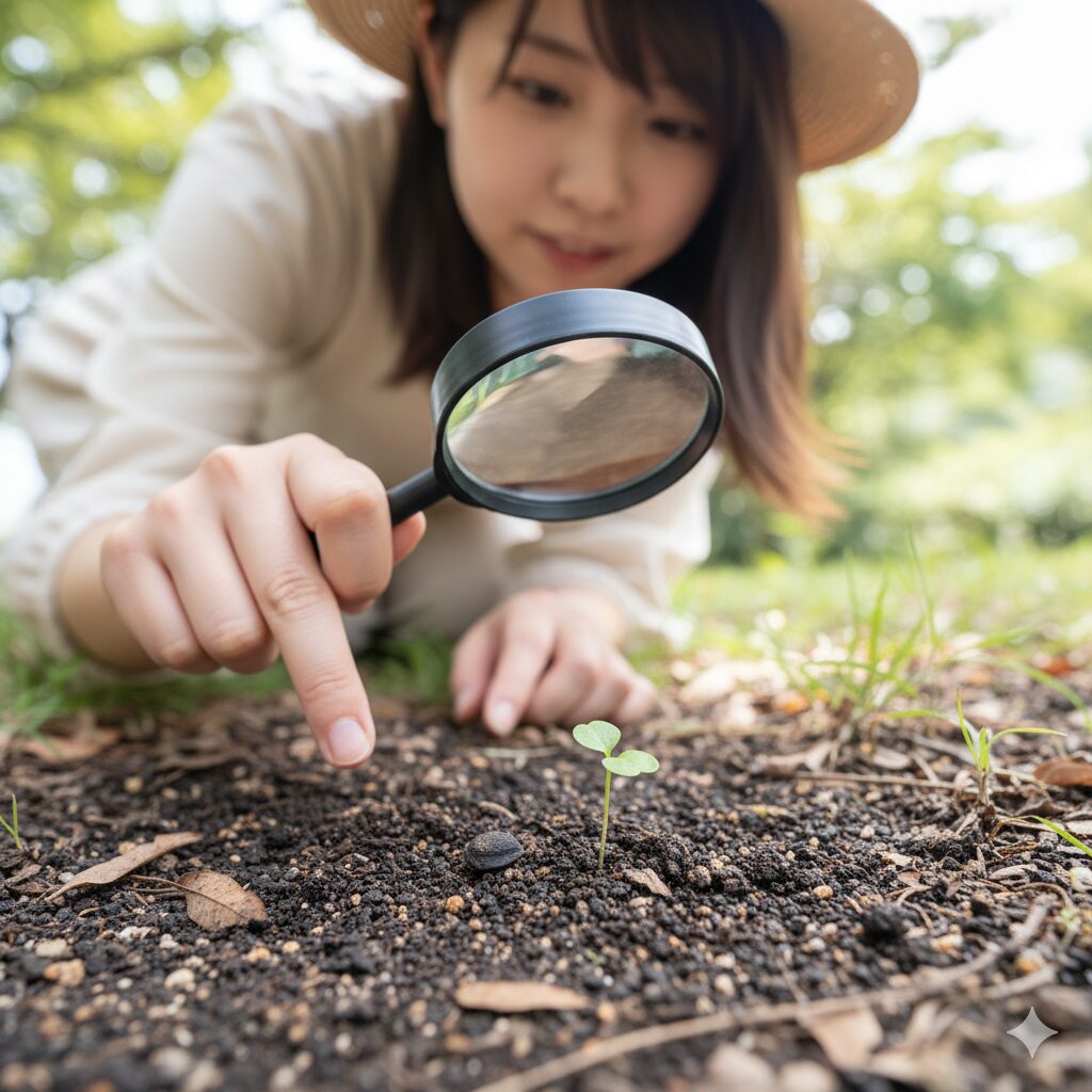 地面に落ちたノースポールの小さな種と、そこから発芽して双葉を出している状態のクローズアップ写真