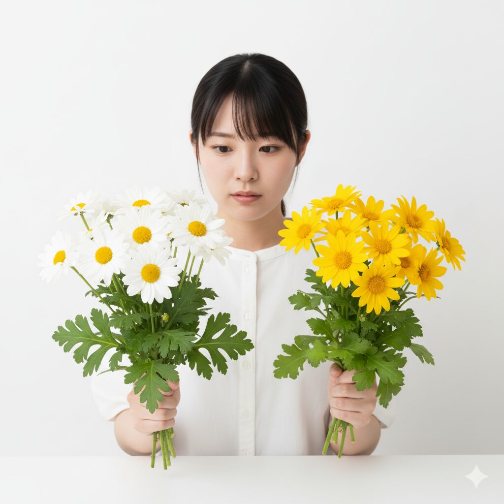 ノースポール(白)とクリサンセマム・ムルチコーレ(黄色)の花色と形態を比較する画像