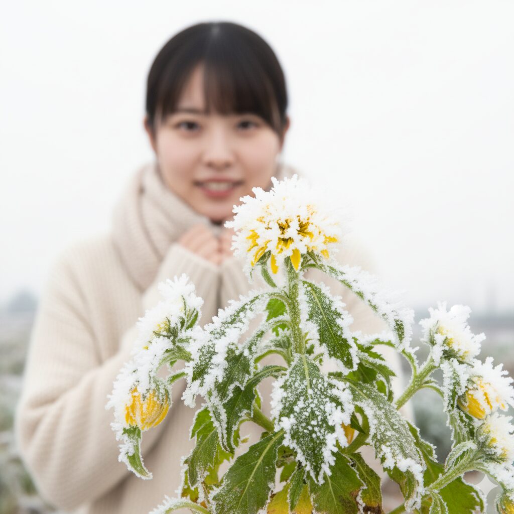 マイナス3度以下の環境に耐える、霜に覆われたノースポールの葉と蕾のクローズアップ