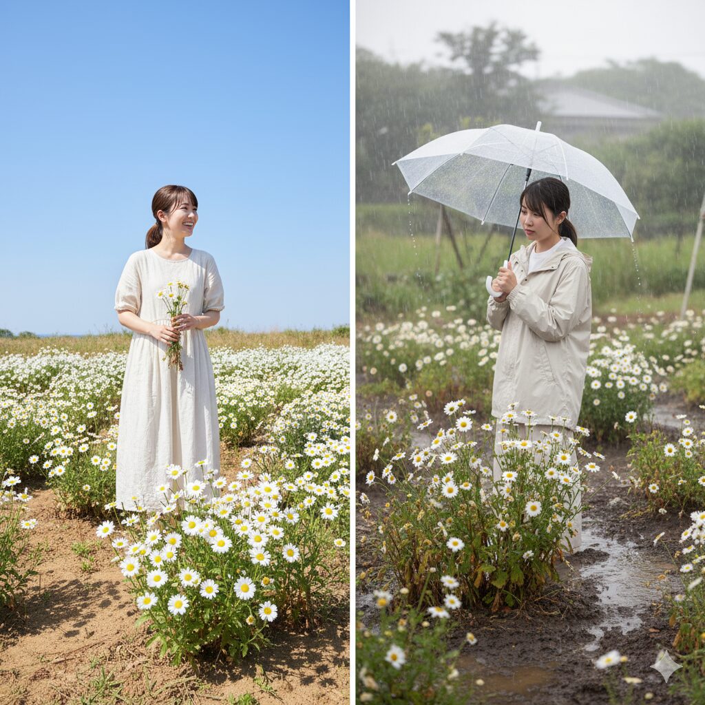地中海性気候の乾燥した夏と日本の高温多湿な梅雨の気候を対比した画像