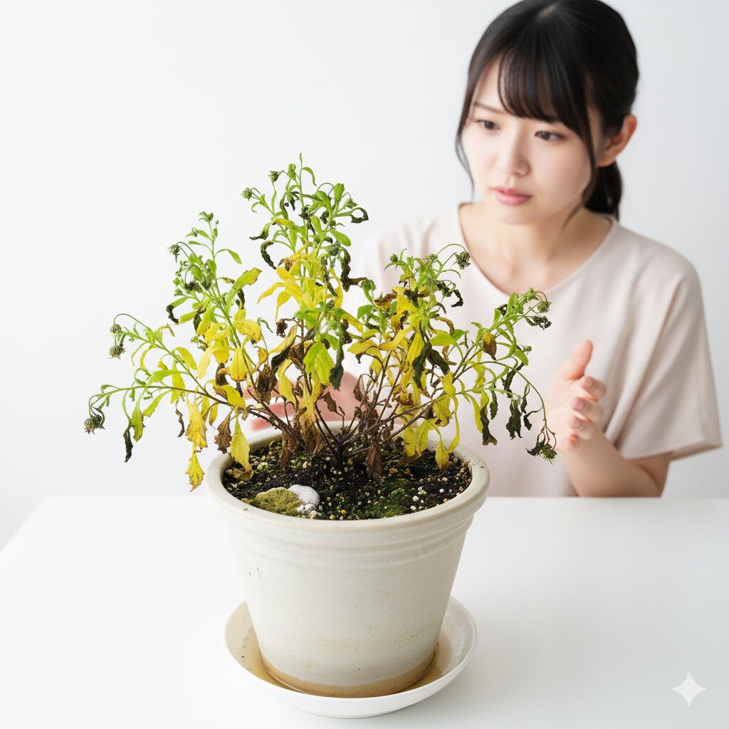 高温多湿による根腐れや蒸れで葉が黄変・黒変し夏枯れしているノースポールの株