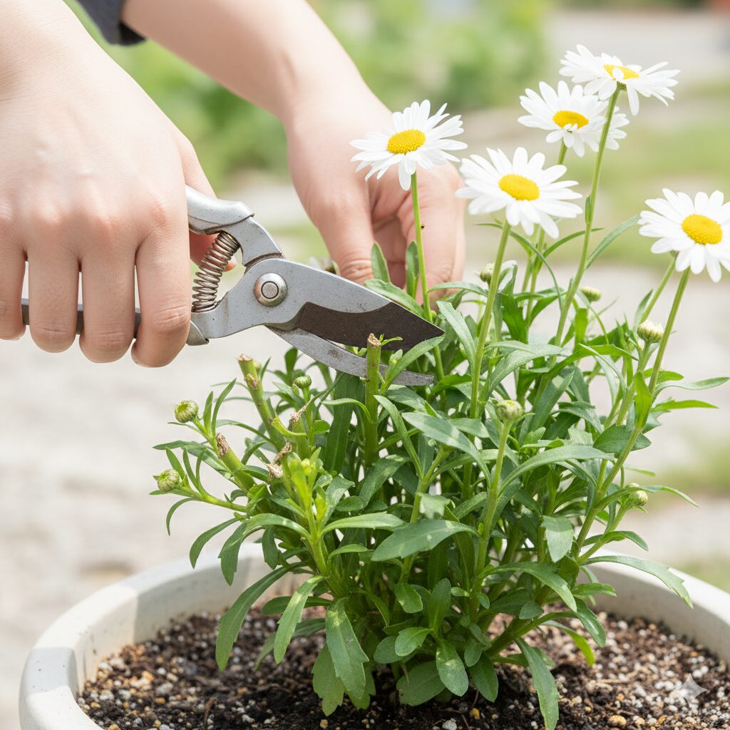 ノースポールを株の半分ほどの高さで刈り込み、脇芽の成長を促す春の切り戻し作業の様子