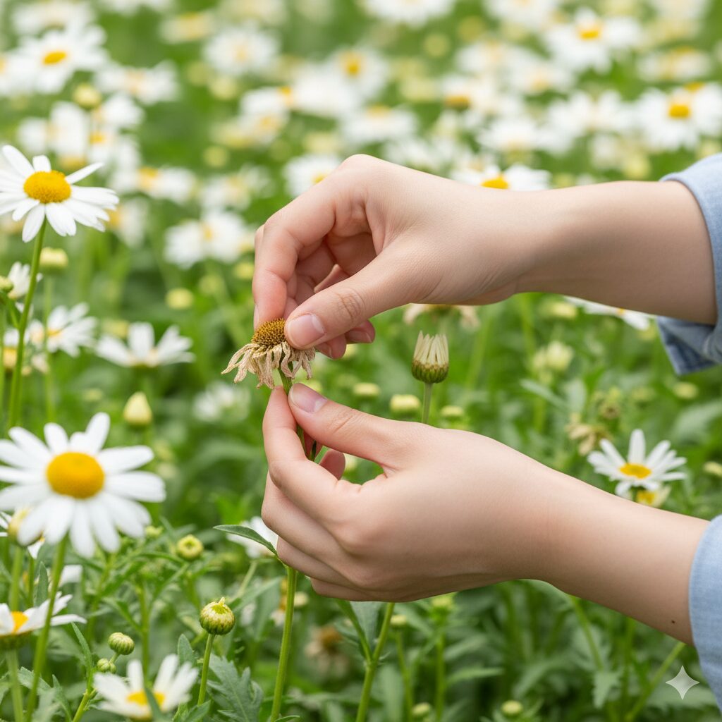 ノースポールの開花期間を延ばすために、茶色くなった花がらを摘み取っている手元