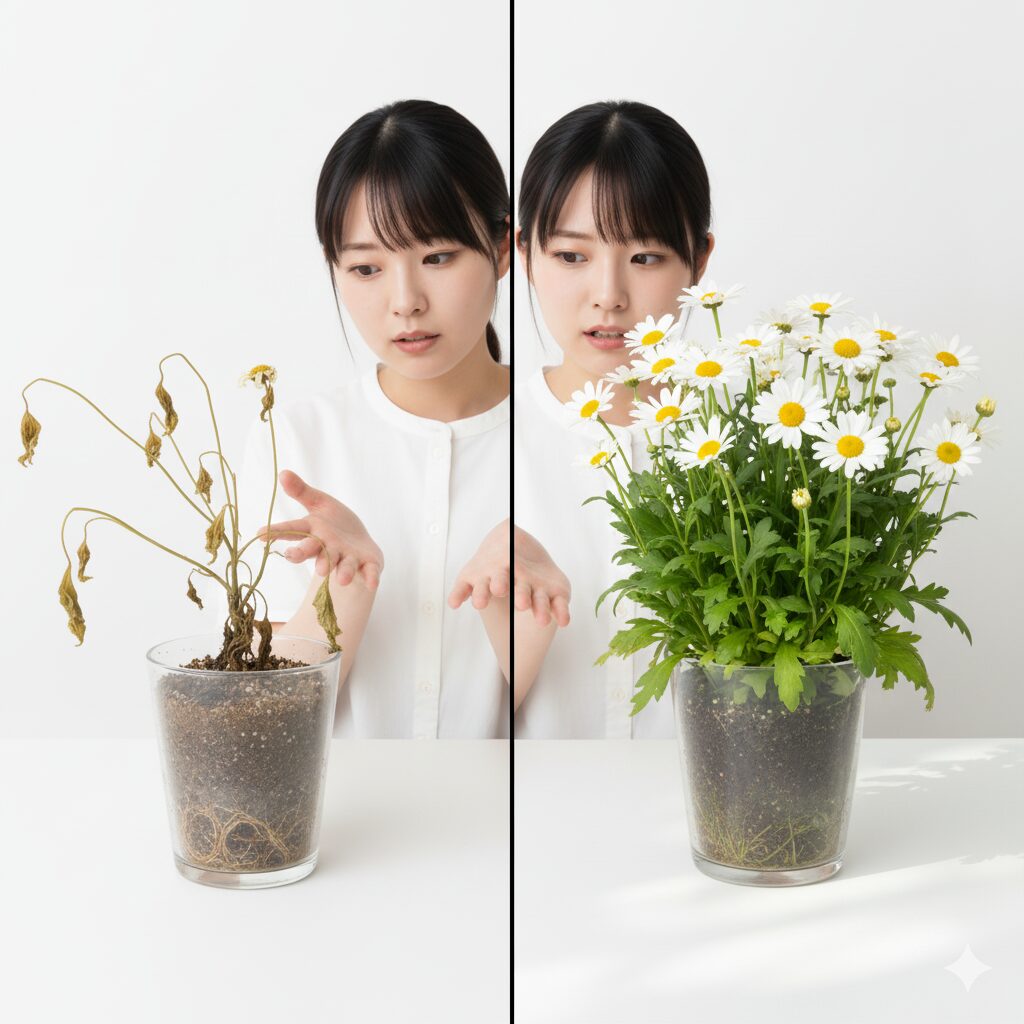 日照不足で徒長してヒョロヒョロになったノースポールと健康な株の比較