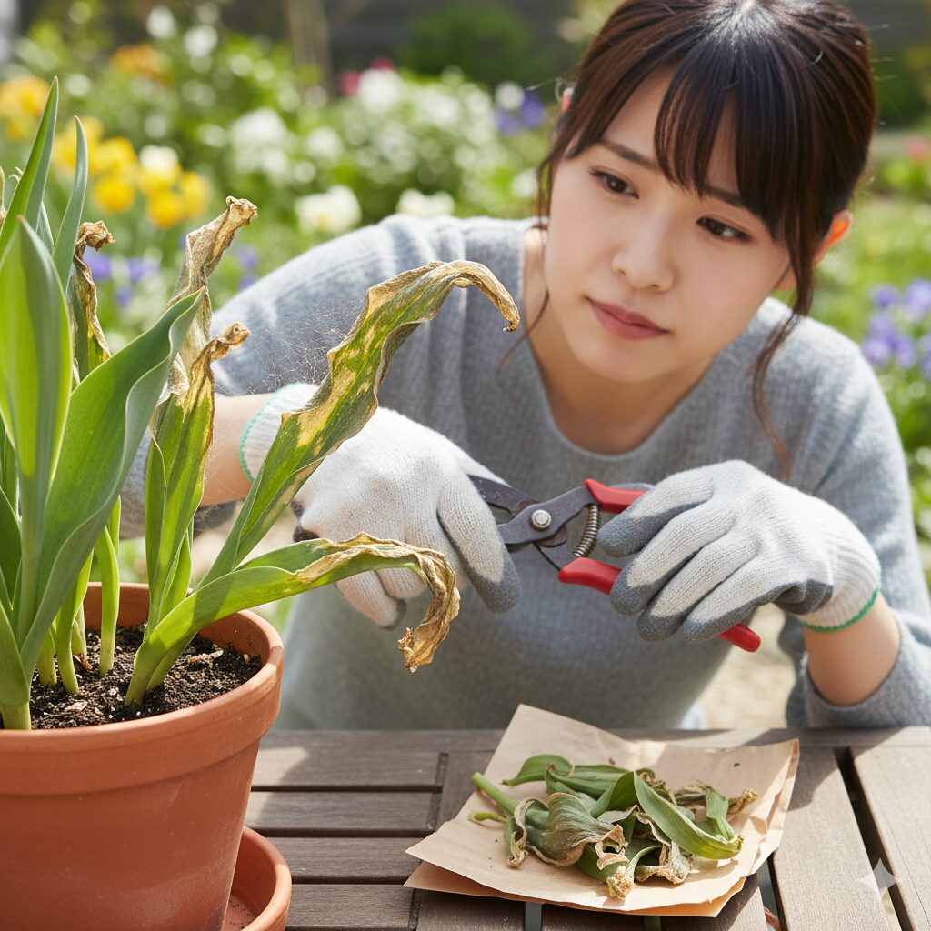 ハダニ被害がひどい葉を剪定バサミで大胆にカットし、処分している様子
