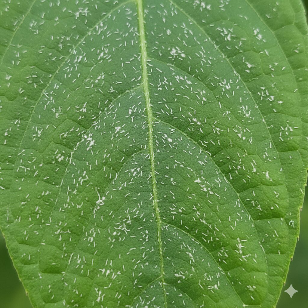 ハダニ被害の初期症状である葉の表面の白いカスリ状の斑点