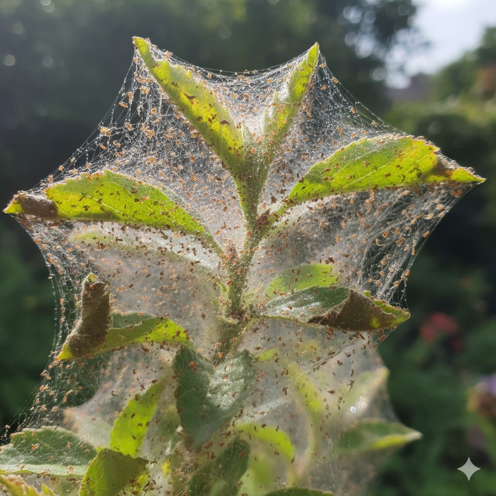 ハダニが大量発生し、植物にクモの巣のような細い糸が張り巡らされた状態