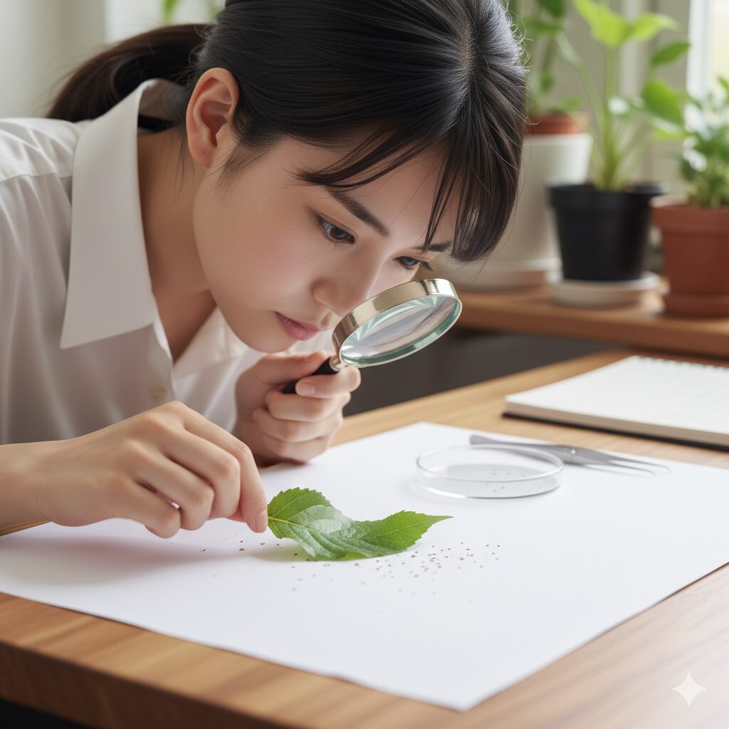 白い紙の上に植物の葉を叩き、落ちてきた小さなハダニを確認している様子
