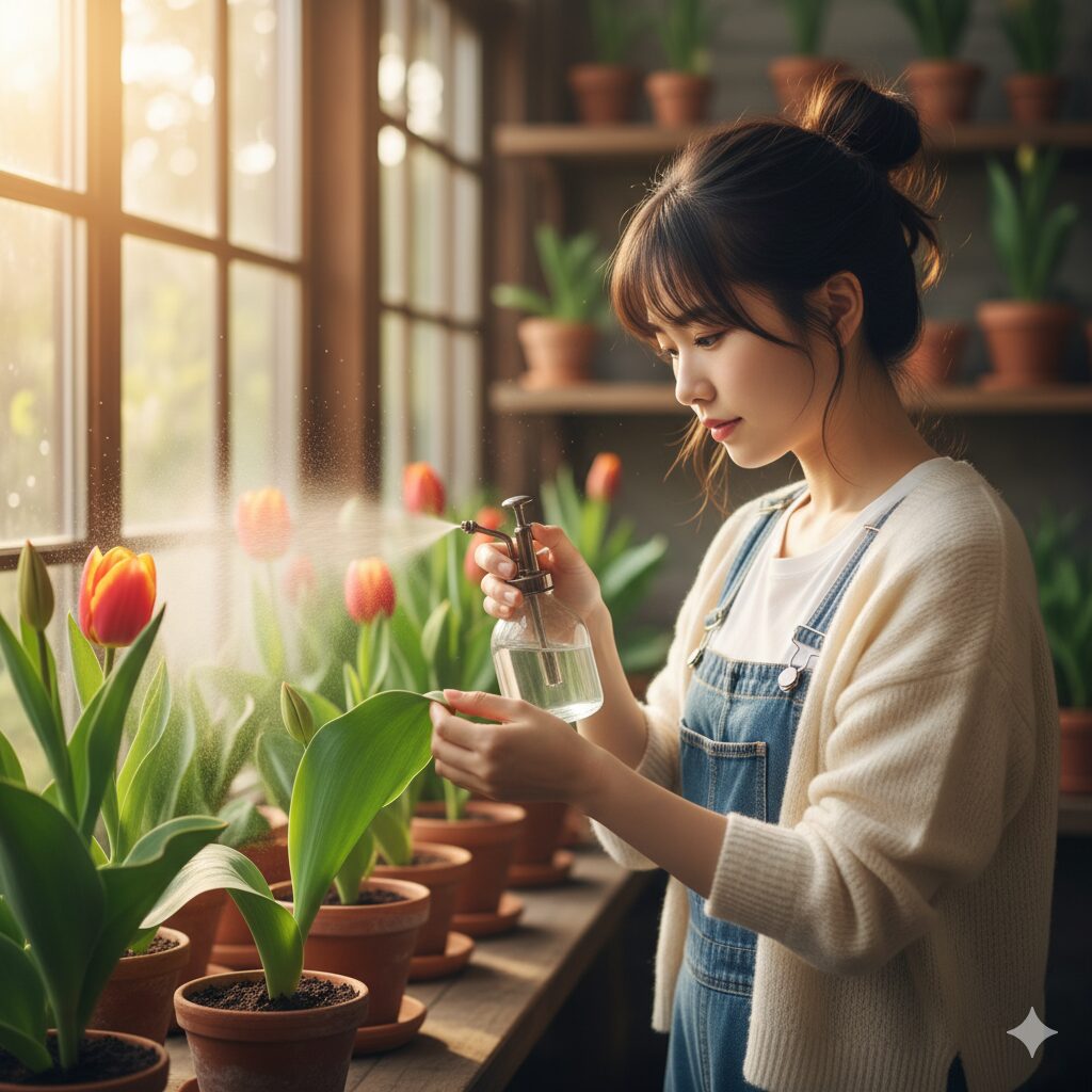 霧吹きを使い観葉植物の葉の裏に「葉水」をしている様子