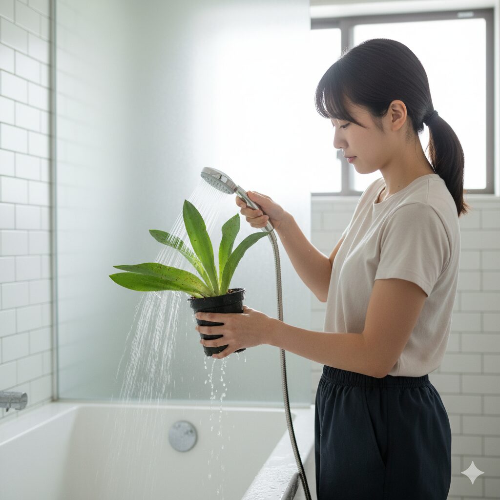 浴室で観葉植物の葉裏にシャワーを当ててハダニを洗い流しているところ