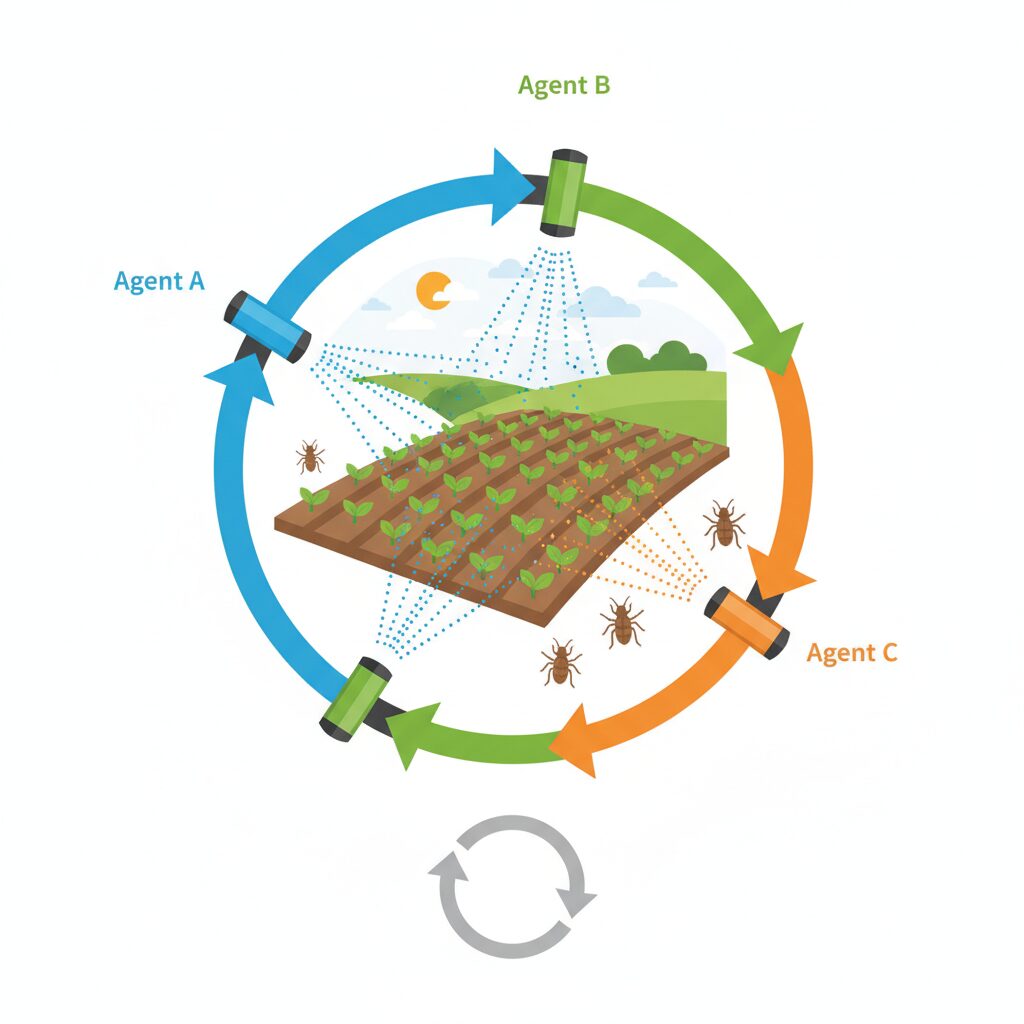薬剤抵抗性を防ぐ「ローテーション散布」の概念図（A剤→B剤→C剤と順番に使う様子）
