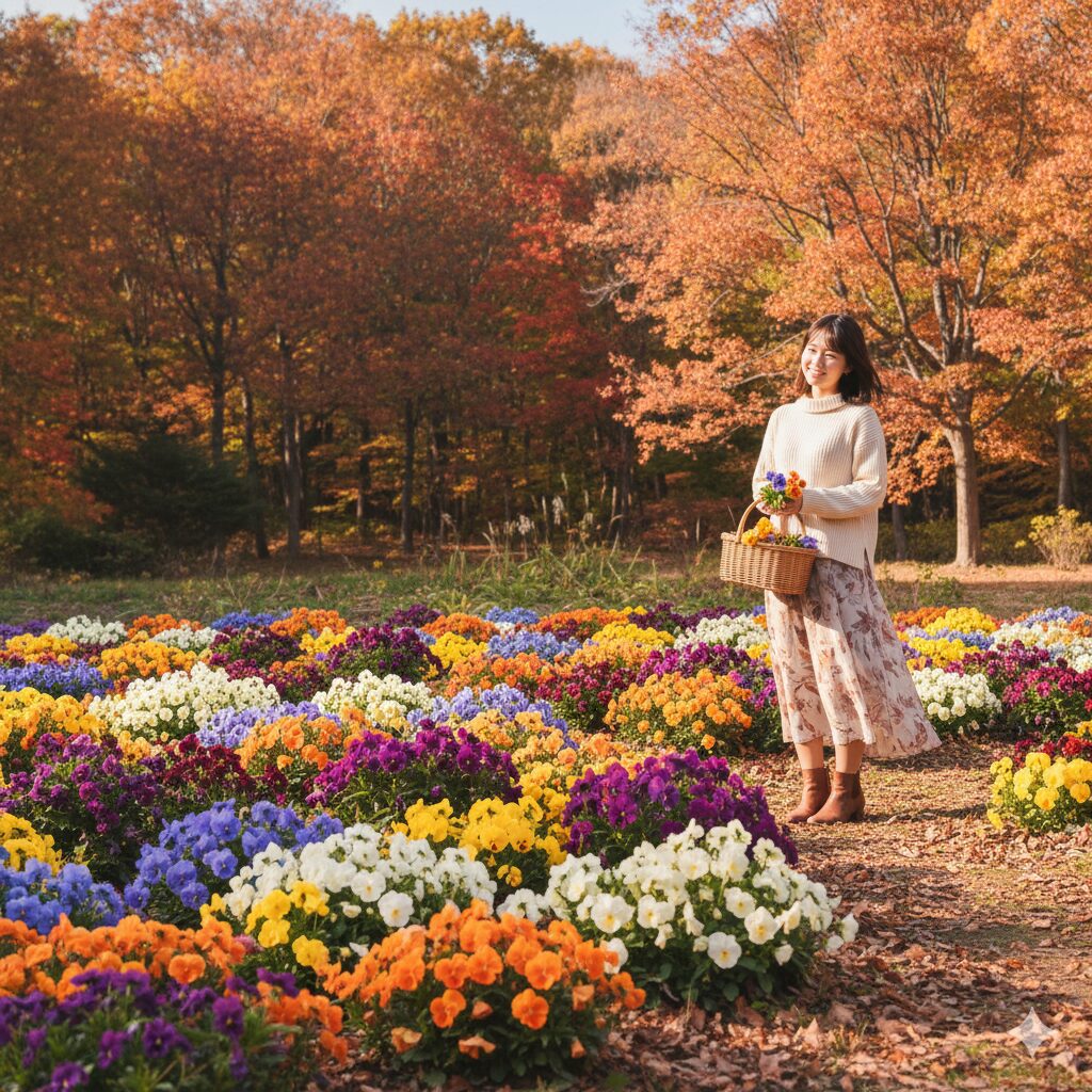 秋の庭に咲き誇るカラフルなパンジーの花壇。背景には紅葉した木々が見える。
