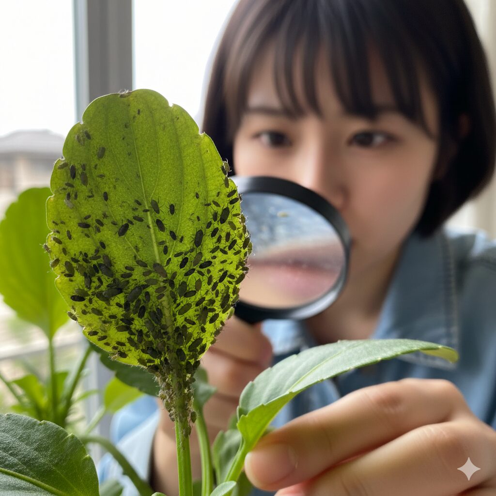 パンジーの葉に発生したアブラムシの群れを拡大した写真。