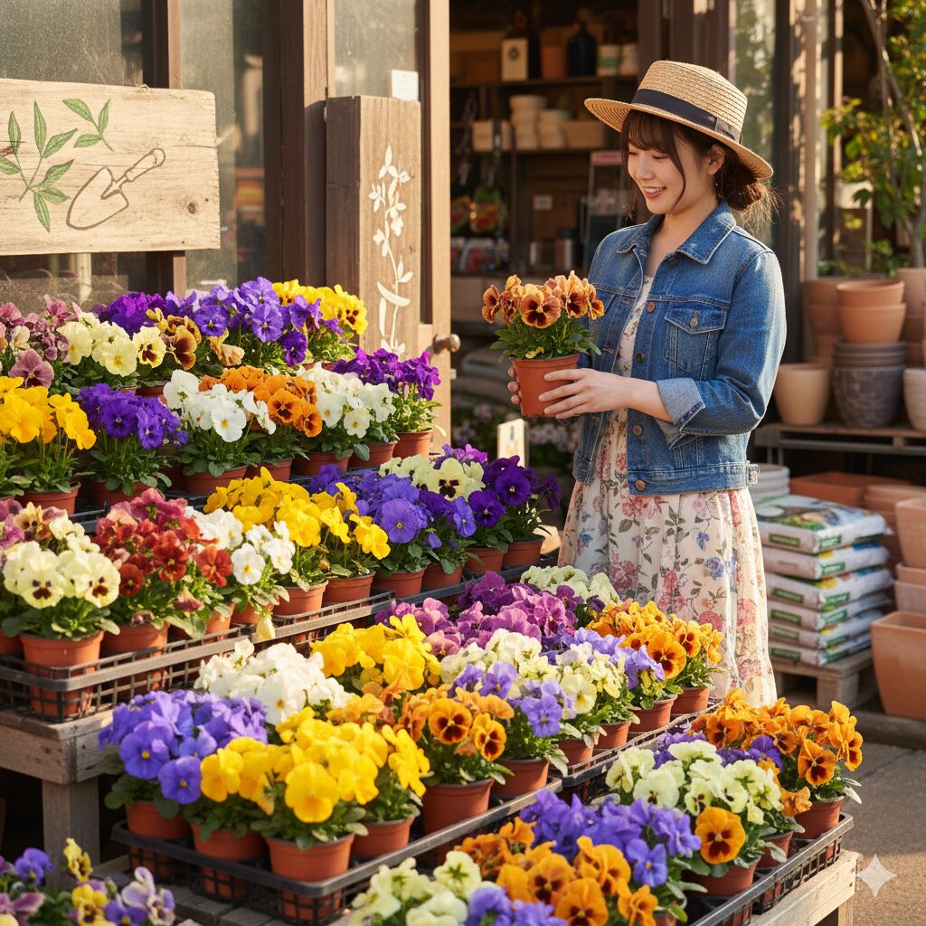 園芸店の店頭に並べられた、色とりどりのパンジーのポット苗。様々な品種や色が豊富に揃っている様子。