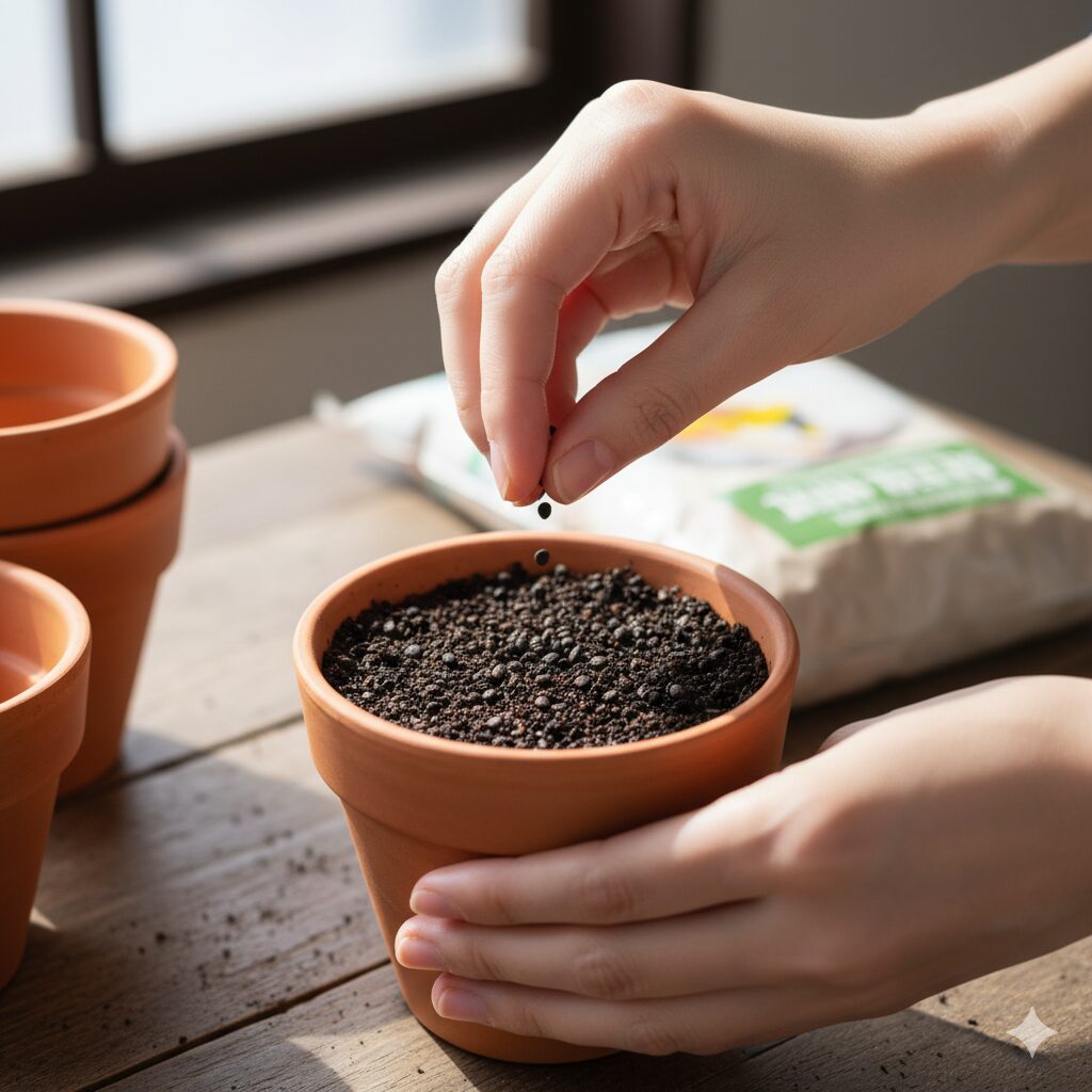 パンジーの種を小さなポットに蒔いている手のクローズアップ。土の表面に薄く種が置かれている。