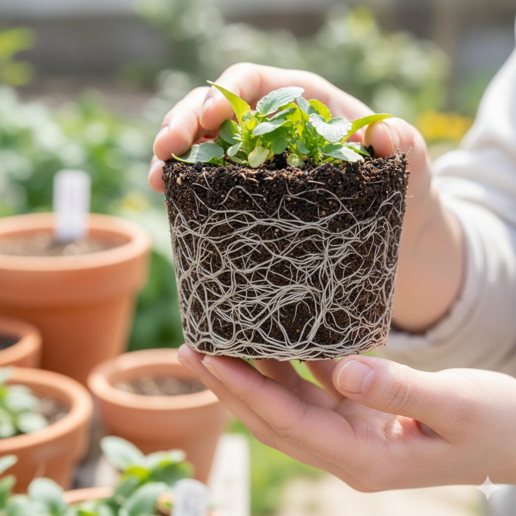 ポットから抜き取られたパンジーの苗の根鉢のクローズアップ。白く健康的な根がびっしり張っている様子。