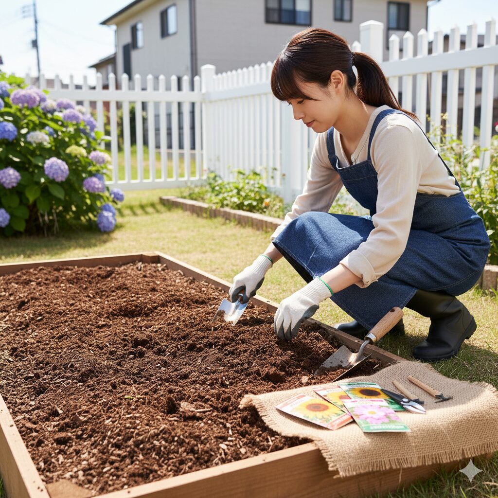 スコップで耕され、腐葉土が混ぜ込まれたフカフカの土壌。植え付け準備が整った花壇の様子。