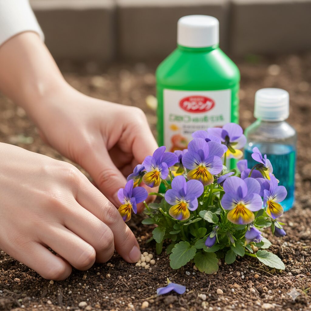 パンジーの株元に固形肥料を置いている手のクローズアップ。周りには液体肥料のボトルも見える。