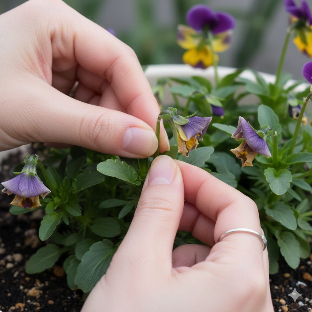 咲き終わったパンジーの花を、茎の根元から指で摘み取っている手のクローズアップ。