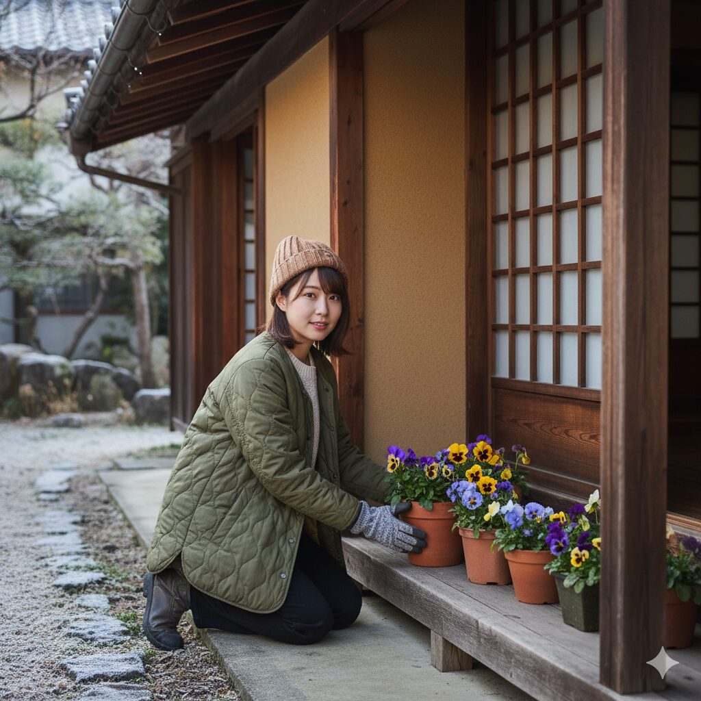 軒下に移動された鉢植えのパンジー。冷たい風や霜から守られている様子。
