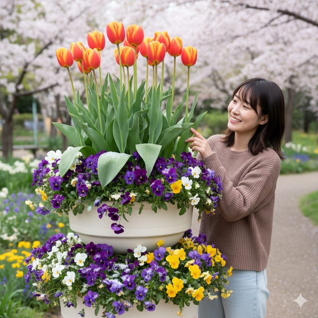 冬にパンジーが咲き、春になるとパンジーの間から鮮やかなチューリップが顔を出すダブルデッカーの寄せ植え。時間差で楽しめるパンジーとチューリップの共演。