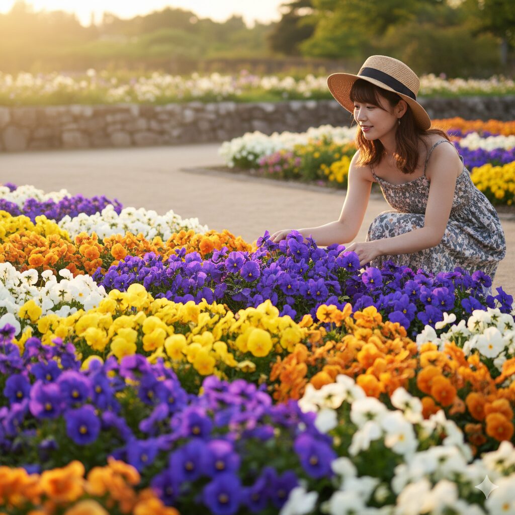 パンジーの配色において、差し色として青・紫系の花を効果的に用いた花壇と、それを眺める若い日本人女性の画像
