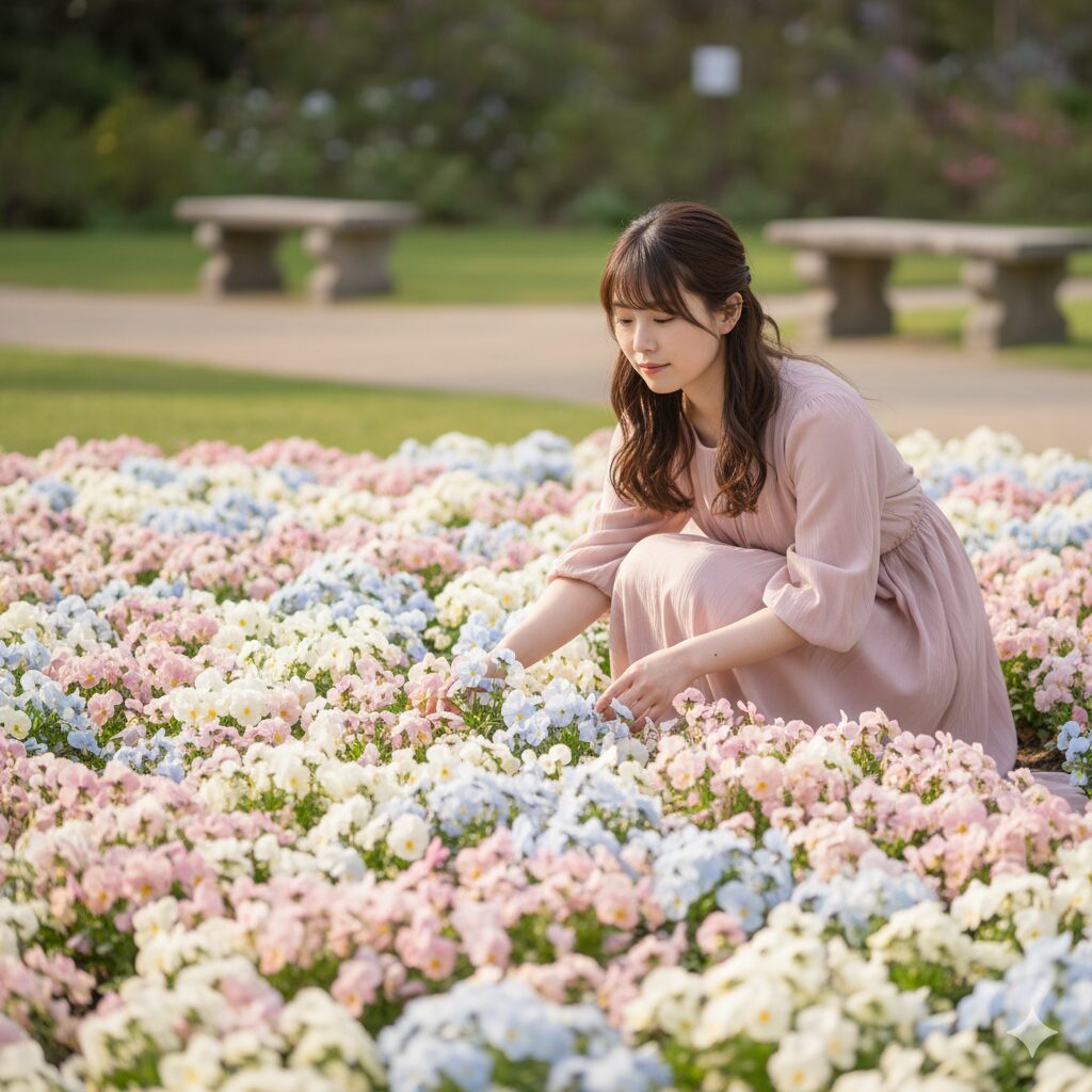 パステル系のパンジーで統一された、優しくロマンチックな雰囲気のパンジー花壇。淡いピンク、水色、クリーム色のパンジーが調和している様子。