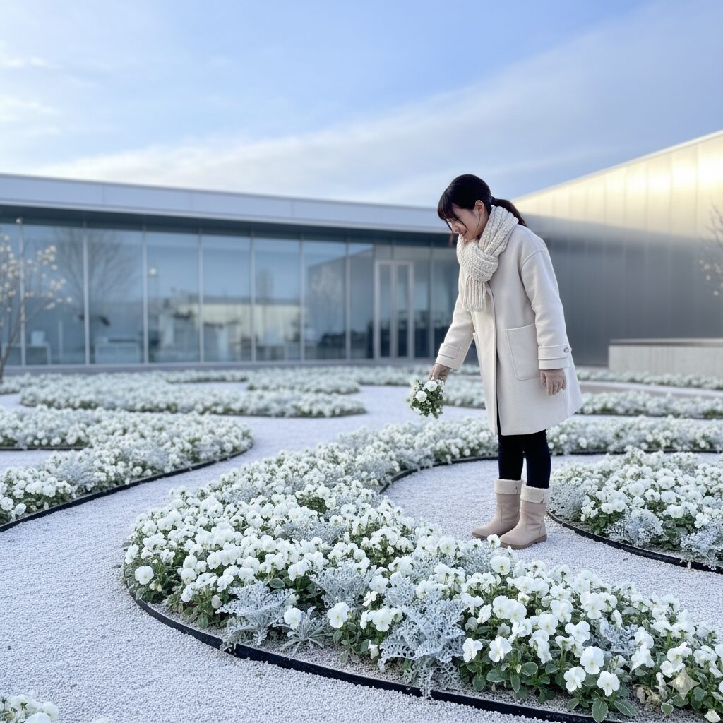 白いパンジーとシルバーリーフのシロタエギクで構成された、モダンで洗練されたホワイトガーデン。冬の澄んだ空気感に映えるシンプルなワンカラーパンジー花壇。