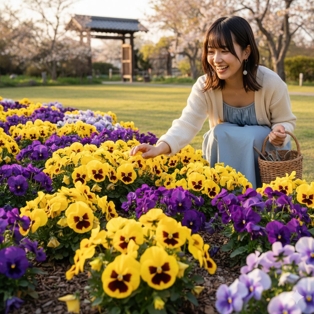 鮮やかな黄色のパンジーと深みのある紫色のパンジーが互いを引き立て合う、補色を使ったコントラスト豊かなパンジー花壇の配色例。