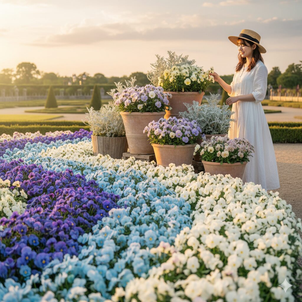 濃い青から水色、白へと変化するグラデーションカラーのパンジー花壇。類似色でまとめられた落ち着いた雰囲気のパンジー寄せ植え。