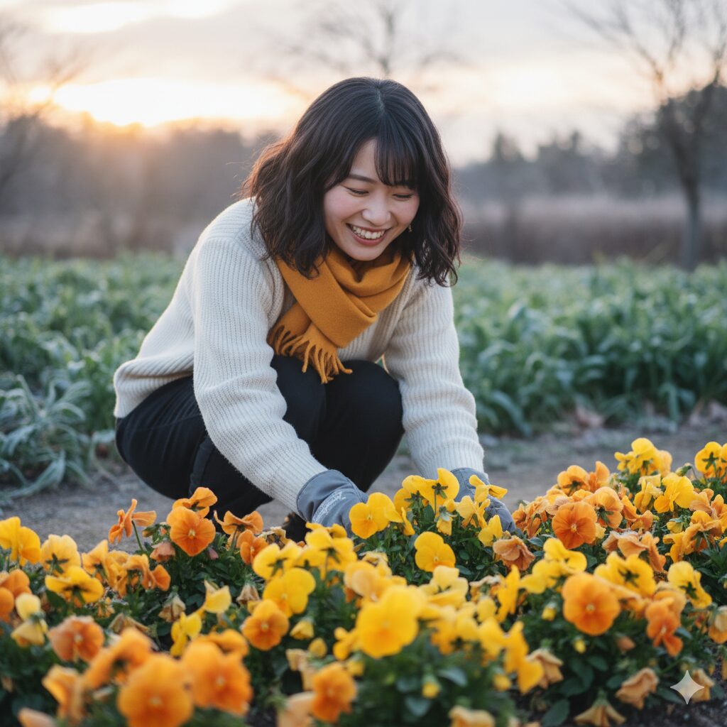黄色やオレンジ色のパンジーが中心の、暖かく明るい印象を与える冬のパンジー花壇。暖色が少ない光の中でも輝いて見える様子。