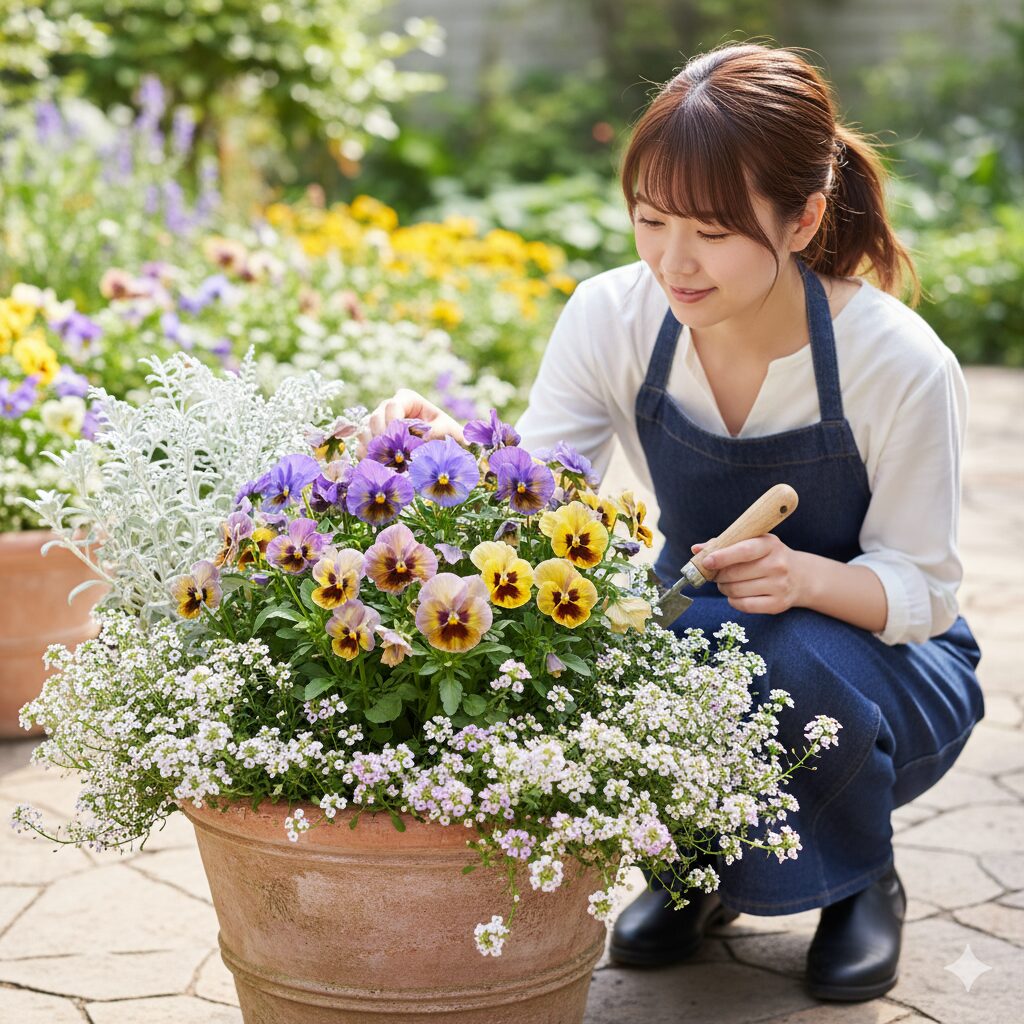 パンジーを主役にし、スイートアリッサムやシルバーリーフが脇役として配置された、バランスの取れたパンジーの寄せ植え。植物の役割分担がわかるデザイン。