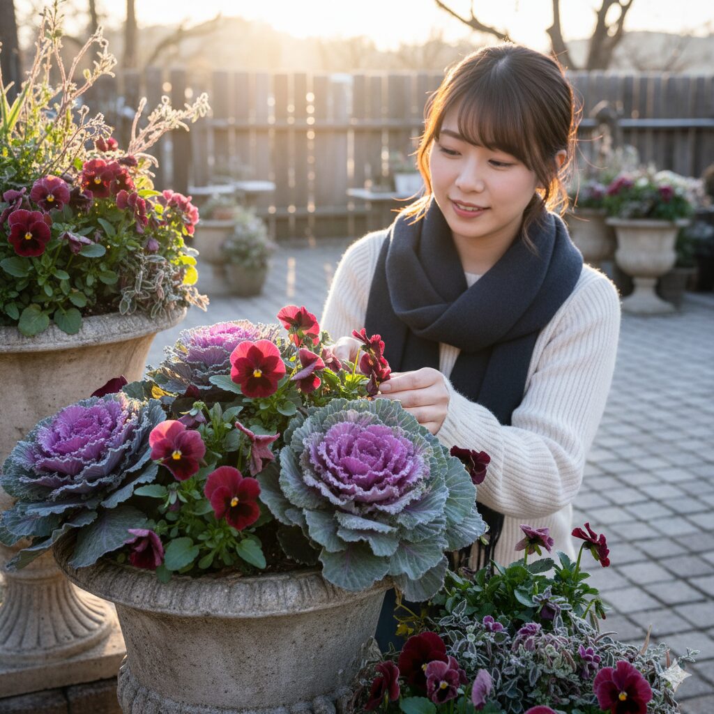 紫色のハボタンとワインレッドのパンジーがシックに調和した、エレガントな冬の寄せ植え。ハボタンとパンジーの美しい組み合わせ。