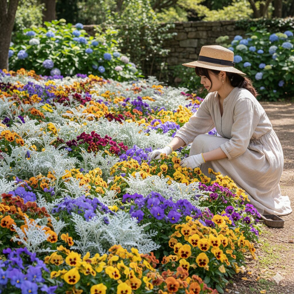 様々な色のパンジーの中にシロタエギクなどのシルバーリーフが配置され、全体を調和させているパンジー花壇。シルバーリーフが暗い色のパンジーを引き立てる効果。