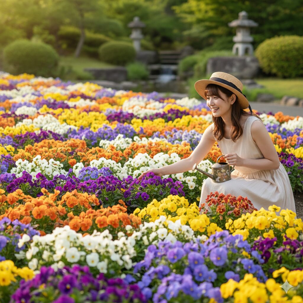 美しく満開に咲き誇り、夏の始まりまで鮮やかな花を咲かせているパンジーの全景。記事で紹介された全ての管理技術が成功した理想的な姿を表している。