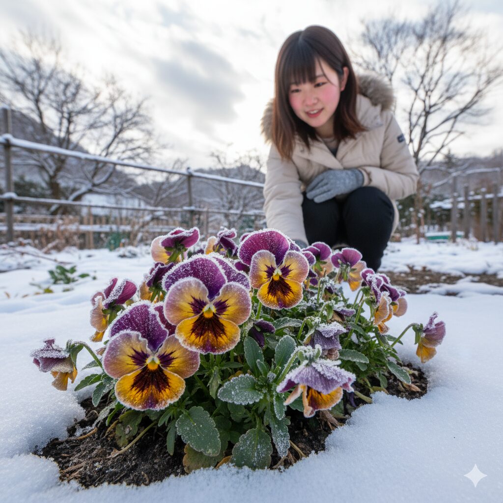 雪に覆われた地面から力強く顔を出すパンジー。霜に耐えながらも花を咲かせている様子が、パンジーの強い耐寒性と越冬する力を象徴的に表している。
