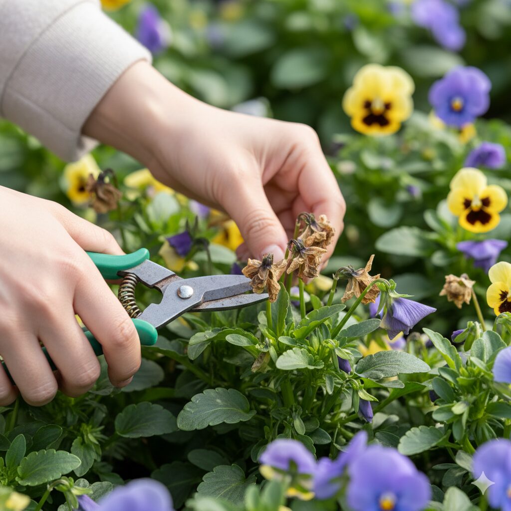 枯れたパンジーの花がらを園芸用ハサミで丁寧に摘み取っている手のクローズアップ。種子形成を抑制し、新しい花の成長を促す花がら摘みの重要性を視覚的に伝える。