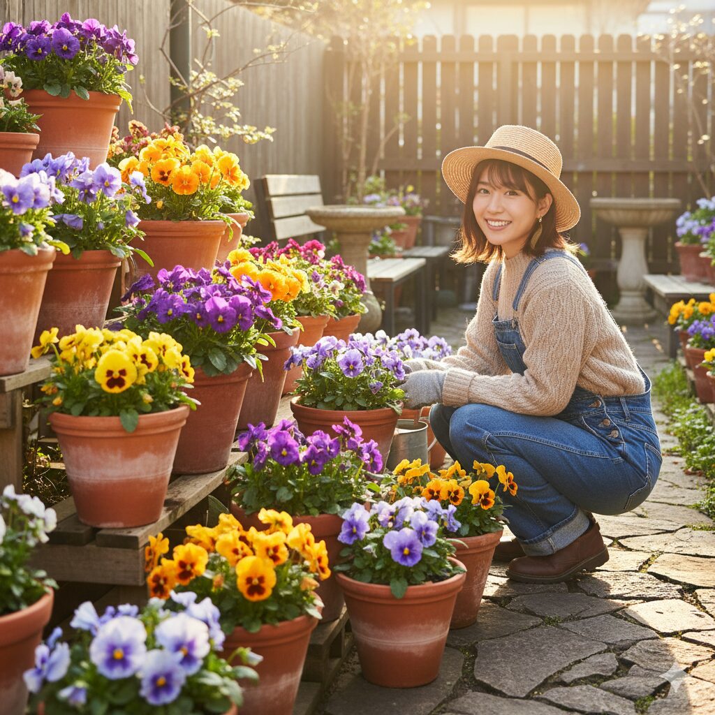 日当たりの良い南向きの庭で、太陽の光を浴びて元気に育つパンジーの鉢植え。冬の低い日差しを最大限に活用している様子を表現。