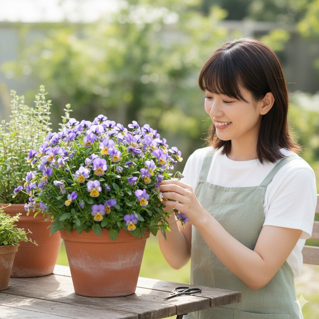 摘心によって脇芽が豊かに伸び、こんもりと茂ったパンジーの若い株。初期の摘心によって株が充実し、多くの花を咲かせる準備が整っていることを示す。