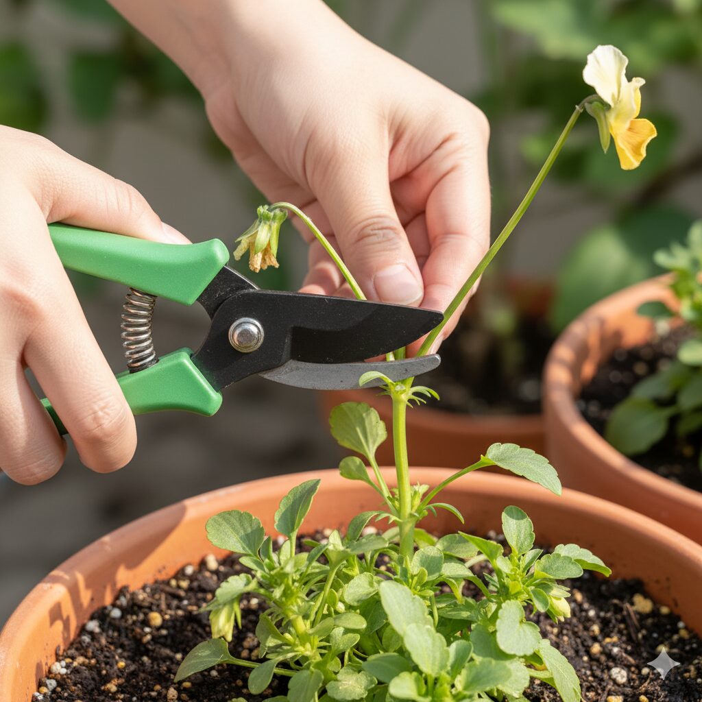 徒長したパンジーの茎を、節のすぐ上で剪定している園芸用ハサミと手のクローズアップ。正確な切り戻しによって株の風通しを改善し、再生を促す様子を強調。