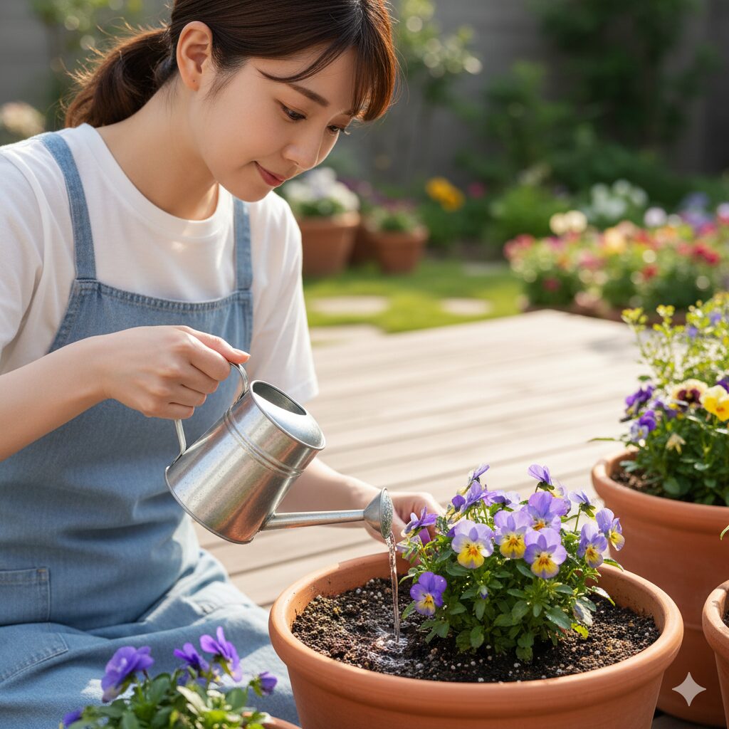 鉢植えのパンジーにジョウロで優しく水やりをしている様子。土の表面が乾いたことを確認し、適切な水量を供給している状況を示す。